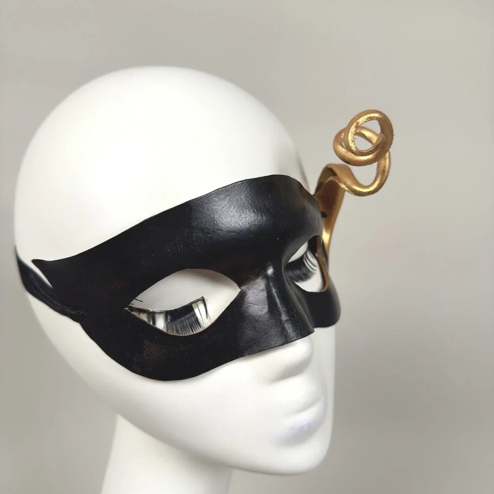 Black Gold Accented Leather Masquerade‎ Mask Handmade in New Orleans